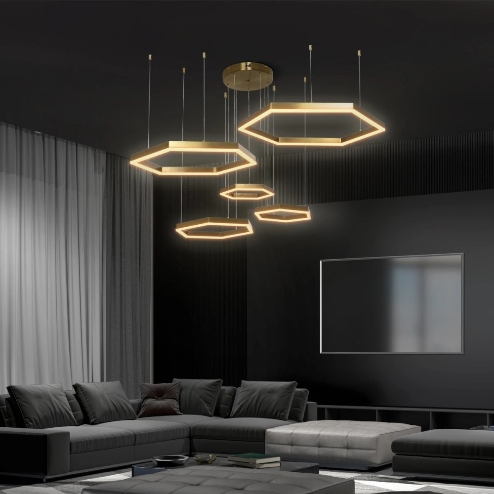 kelvo® LEXAGON KLV-101-0180 Κρεμαστό Φωτιστικό Οροφής LED 120W 12000lm 200° AC 220-240V IP20 Ρυθμιζόμενο Λευκό CCT με Χειριστήριο από 2700K έως 6000K Dimmable - Lumileds SMD Chip - Χρυσό Πλατίνα - Μ110 x Π90 x Υ110cm - 3 Χρόνια Εγγύηση